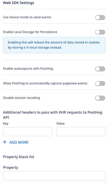 PostHog web SDK settings